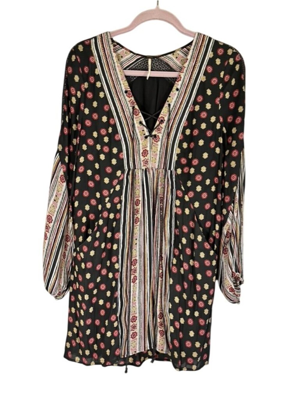 Free People Floral Earthy Lace Up Dress S Boho Indie Folk Peasant Hippie Granola